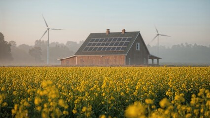 Rural farmhouse with solar panels and wind turbines surrounded by a blooming yellow flower field at sunrise
