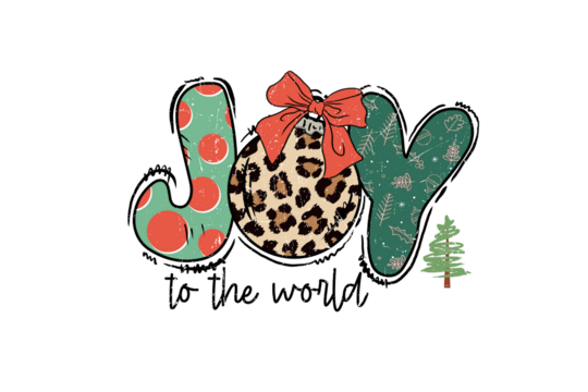 Joy to the world with leopard print ornament - Retro Christmas Typography Sublimation Design