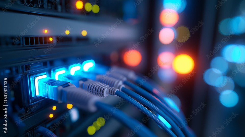 Poster a close-up view of glowing red and blue network cables plugged into a server, symbolizing high-speed