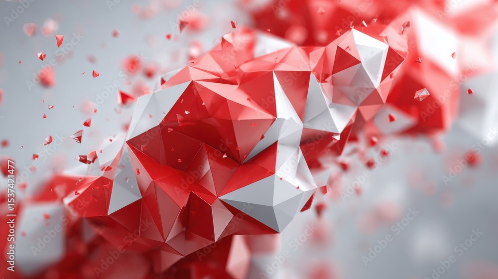 Poster a red and white geometric shape with a lot of white and red splatters. the splatters are scattered a