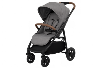 Gray and black modern baby stroller isolated on transparent background, offering comfort and mobility for infants