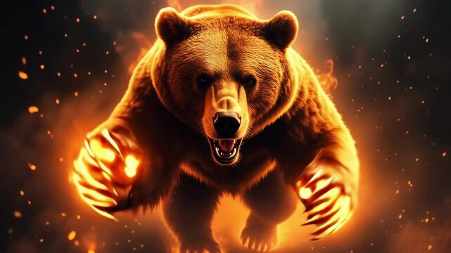 A powerful bear charges forward against a backdrop of flames, capturing the raw energy of wildlife. The striking visuals highlight both the bear's strength and the dramatic fire-filled setting