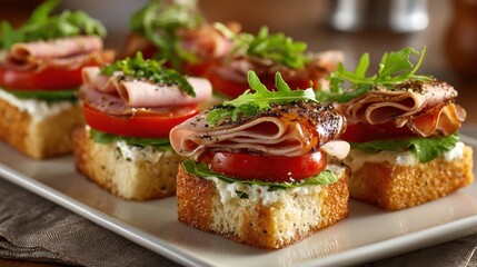 A plate of sandwiches with ham and cheese, tomatoes, and greens. The sandwiches are small and look appetizing