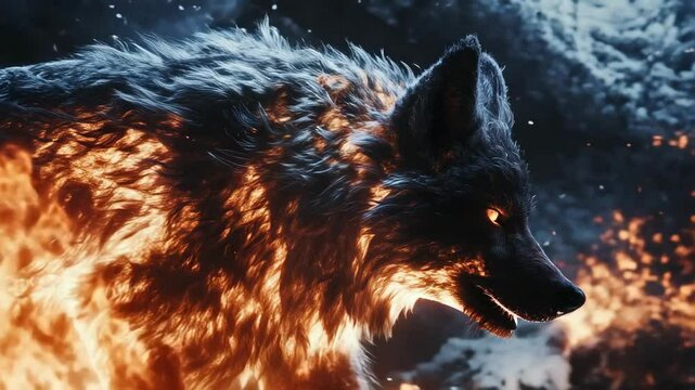 This captivating animation features a fierce wolf engulfed in flames, showcasing its strength and intensity. The fiery elements highlight the creature's powerful stance and majestic presence