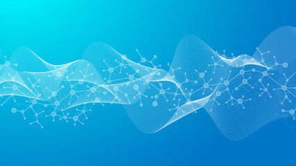 Colorful molecules background. DNA helix, DNA strand, DNA Test. Molecule or atom, neurons. Abstract structure for science or medical background, banner. Scientific illustration.