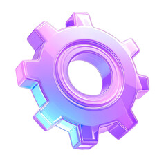 3D icon of a gear or settings wheel made of crystal-clear glass with blue-violet accent Isolated on transparent background