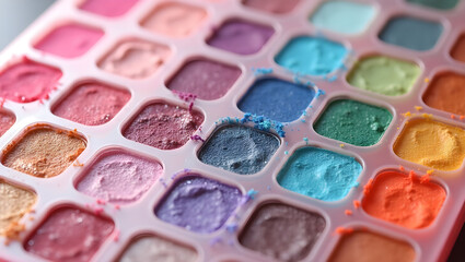 Naklejka premium colorful eyeshadow palette, assortment of vibrant eye makeup shades, vibrant color palette, rainbow-hued cosmetic eyeshadow collection, vibrant makeup palette, eyeshadow palette with various bold, sat