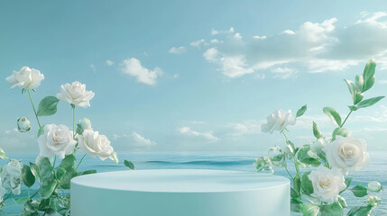 Sea green product display podium floral backdrop white rose flowers ocean blue sky clouds. Beauty cosmetic perfume organic gift stand. Wedding, birthday, Valentine, Easter, Mother's Day, Women's Day