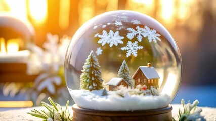 Captivating winter scene featuring a snow globe with miniature houses and pine trees on a snowy wooden base, bathed in soft bokeh sunlight. - Powered by Adobe