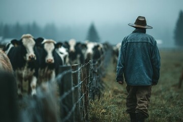 Farmer wearing a hat and denim jacket walks away from a herd of cows positioned behind a barbed wire fence in a misty field, capturing the essence of rural life and agriculture