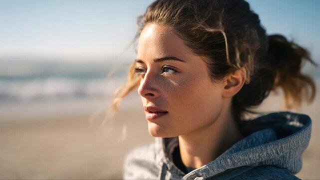 Picture of young attractive fitness girl jogging with sea on background