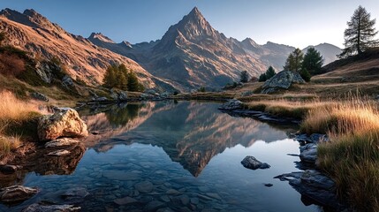 Naklejka premium Crystal clear alpine lake reflecting majestic mountain peaks, illuminated by the warm hues of sunset, creating a serene and picturesque landscape filled with natural beauty