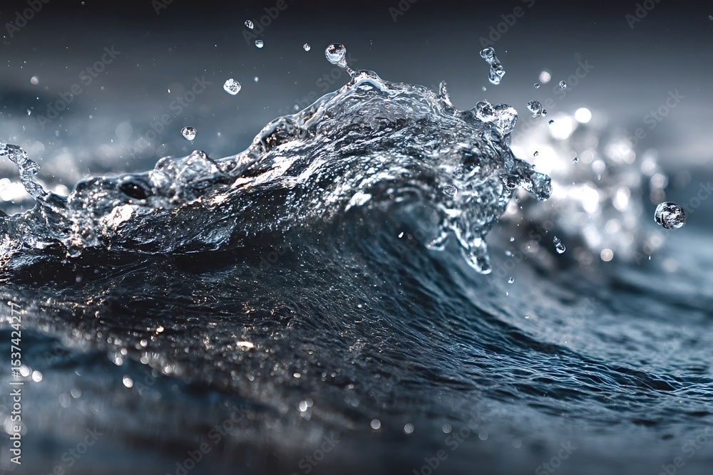 Poster capturing the essence of a powerful dark blue ocean wave breaking and splashing, sending dynamic dro