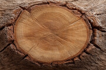A crosssection of a tree trunk displaying growth rings within a rugged bark frame