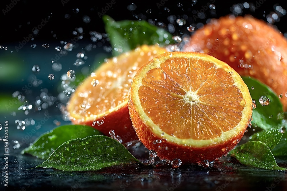 Poster sliced and whole juicy oranges with leaves are getting splashed with refreshing water droplets, crea
