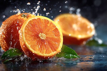 Splashing water on sliced orange with vibrant green leaves creates a refreshing, lively scene on a dark surface, highlighting the juicy, healthy essence of this tropical fruit