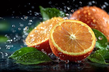 Sliced and whole juicy oranges with leaves are getting splashed with refreshing water droplets, creating a vibrant and dynamic scene promoting healthy eating and freshness