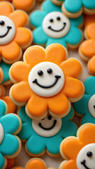 Obraz premium A pile of cheerful orange and teal flower cookies with smiling faces, isolated on white background