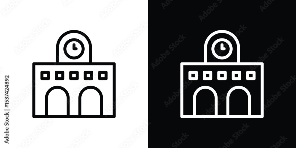 Poster train station building icon set in line.
