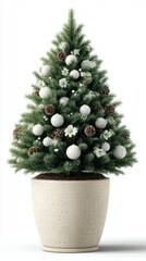 Holiday themed indoor artificial Christmas tree adorned with ornaments and pinecones in contemporary pot