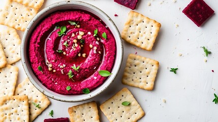 Bright pink dip garnished with herbs served with crackers on a white background
