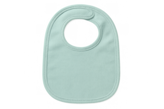 Light green baby bib hanging, protecting infant clothing during feeding time, transparent backdrop