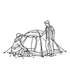 Fototapeta premium Young couple feeling excited, setting up tent outdoors while camping