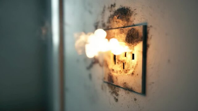 Fire smoke and electrical hazards featuring exposed wires, plug sockets, short circuits, and damaged plugs. Perfect for illustrating electrical safety risks and hazard awareness.