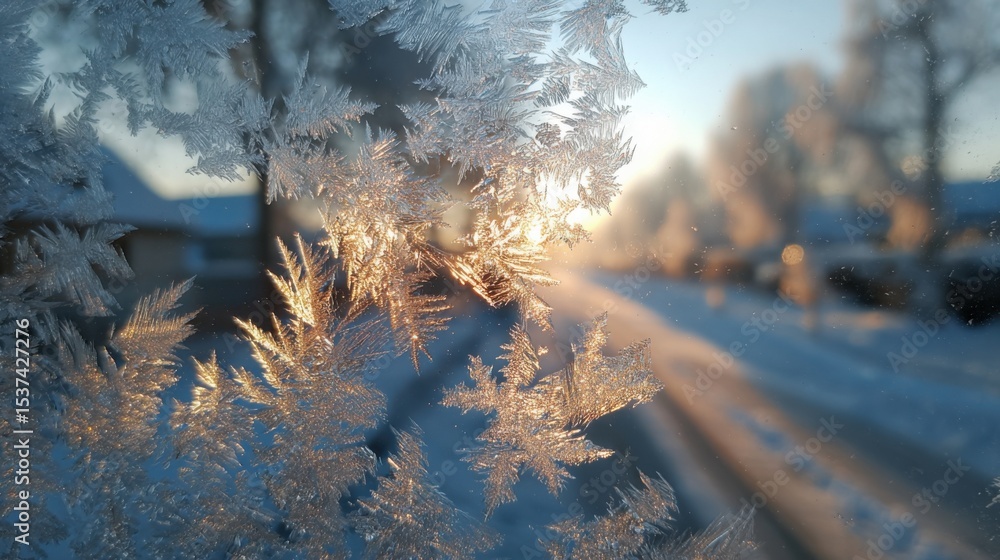 Poster a frosty window pane with snowflakes on it. the sun is shining through the window, creating a beauti