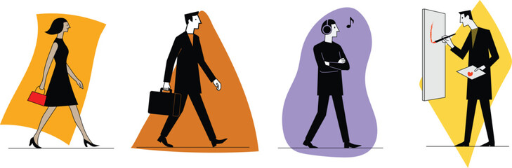 minimalist vector illustration of diverse modern people in daily activities, flat hand-drawn characters walking, listening to music, and painting with colorful abstract backgrounds