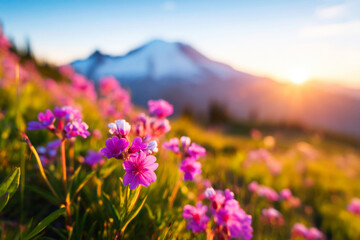 Obraz premium Mountain Sunset Wildflower Meadow Vibrant Pink Blooms at Golden Hour