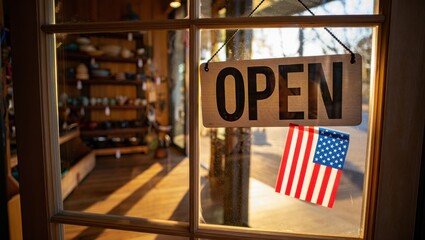 Vintage storefront with “OPEN” sign and small U.S. flag taped to the window, lit by warm sunrise. Symbol of local business and American-made pride