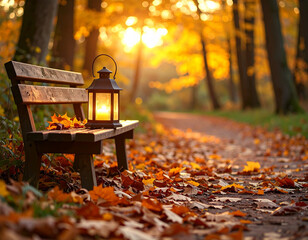 Cozy wooden bench with glowing lantern in a vibrant autumn forest at sunset
