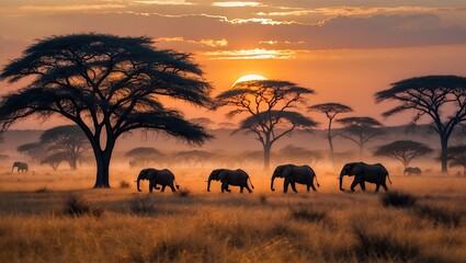 Obraz premium Elephants Walking Across Savannah at Sunset with Trees and Golden Light