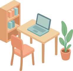 The image depicts a cozy isometric home office setup with a desk, chair, laptop, bookshelf, and potted plant in soft pastel tones.