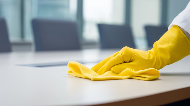 A hand wearing a yellow protective glove wipes down a white office table with a yellow microfiber cloth, emphasizing cleanliness in a corporate setting.
 - Powered by Adobe