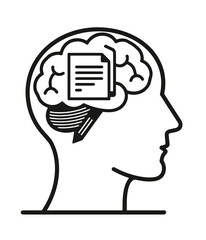 Illustration of a human head silhouette with a brain housing a document and pencil, representing memory and note-taking on a white background with copy space