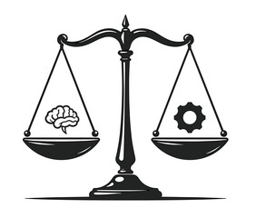 Stylized black and white illustration of a balance scale comparing a brain and a gear  or AI  on a clean background with copy space