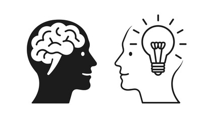 Stylized illustration of a brain and a lightbulb representing ideas with human silhouettes on a white background with copy space