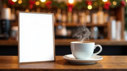 Steaming coffee cup on wooden table with blank frame in cozy cafe setting