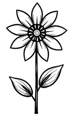 Stylized black and white flower illustration with leaves on a clean background with copy space