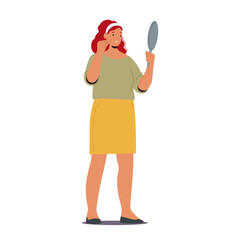 Woman in menopause looking at mirror and seeing thin dry skin consequences due to hormonal changes