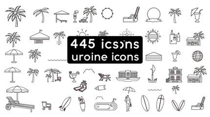 Collection of outline summer and beach themed icons featuring palm trees, chairs and beach related objects created with generated ai