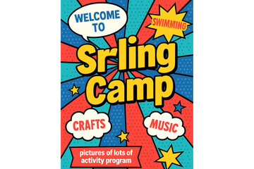 A halftone background sets the scene for a summer camp invitation banner with comic-style hand-drawn lettering in a speech bubble, inviting all to go camping and travelling on holiday, ideal for