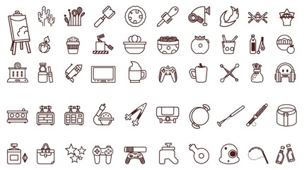 Collection of various outline icons including art supplies food gaming items and other miscellaneous objects created with generated ai