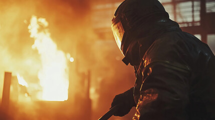 Fototapeta premium A brave firefighter in protective gear battles a fierce blaze to save lives and property