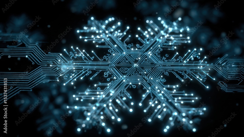 Poster a snowflake made of electronic circuits. the snowflake is blue and has a lot of small lights on it