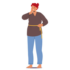 Worried shocked woman cartoon character suffering from weight gain measuring waist with tape