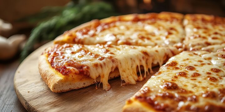 Delicious cheese pizza served on a wooden board at an Italian restaurant during dinner time