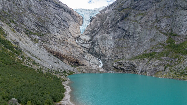 Briksdalsbreen Glacier Above Turquoise Lake, Norway